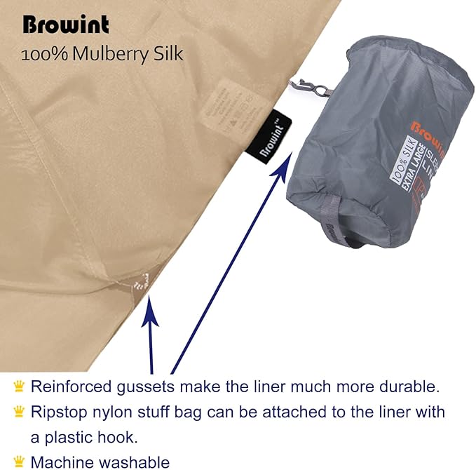 Browint Silk Sleeping Bag Liner Silk Sleep Sack Extra Wide 87x43 Lightweight Travel Sheet for Hotels More Colors for Option Reinforced Gussets
