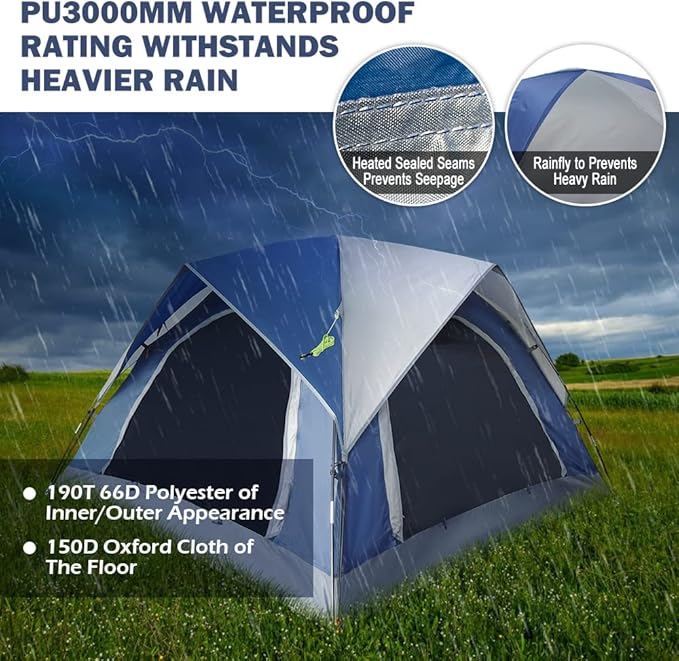 3 Person Tents for Camping HIKERBRO Small Dome Tent with 2 Upgraded Doors &amp Half Mesh Ceiling Waterproof 4 Person Camping Tent with Removable Rainfly 2/3/4 Person Easy Up Tents for Hiking Trave