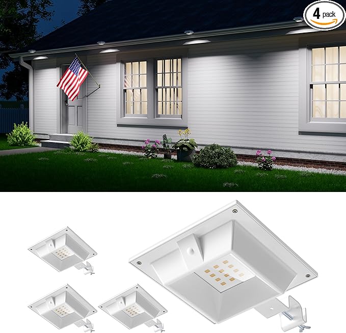 4 Pack White Solar Powered Gutter Lights Outdoor Decorative Waterproof 12 LEDs Yard Lamp for Lighting Fence Railing Outside Wall Deck Garden Path Backyard Walkway Patio Holeless Installation