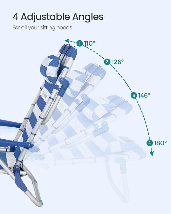 SONGMICS Portable Backpack Beach Chair 331 lb Capacity 4 Angles Adjustable Backrest 2 Side Pockets Towel Bar Blue and White UGCB62BU