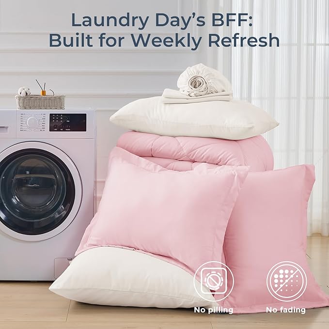 HEVUMYI Queen Comforter Set - 7-Piece All Season Bed in a Bag Queen Ultra Soft Bedding Set with Comforter Flat Sheet Fitted Sheet Pillowcases Pillow Shams Pink &amp Ivory
