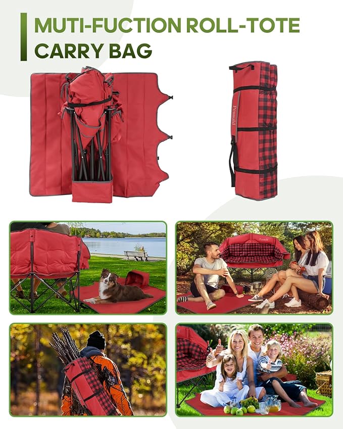 Double Camping Chair Padded Loveseat Camp Couch for Adults Oversized 2 Person Love Seat with 2 in 1 Carry Bag Heavy Duty Folding Outdoor Sofa with Cup Holders for Lawn Beach Tailgating Red