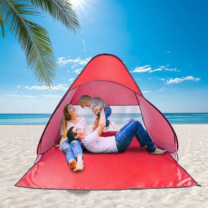 Pop Up Beach Tent Sun Shade Shelter Anti-UV Automatic Beach Tent Canopy for 2-3 People with Net Window Carry Bag for Park Camping (Red)