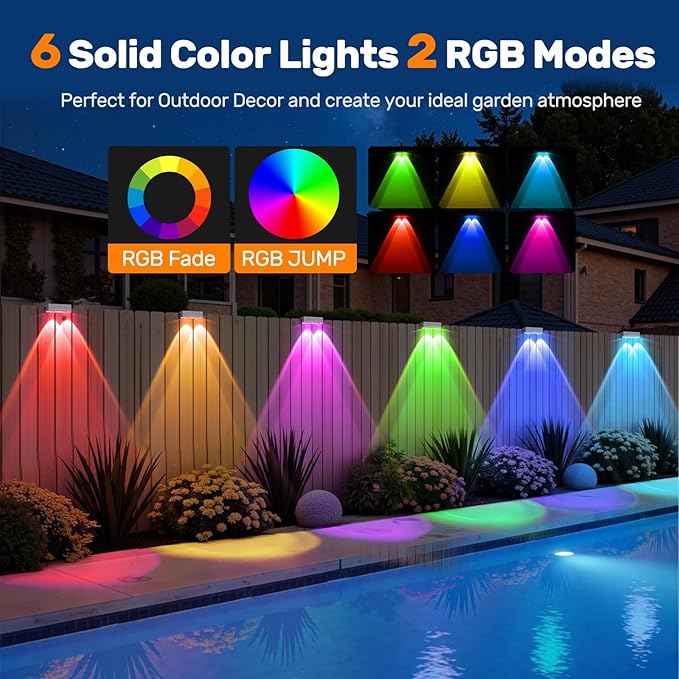 NIORSUN Solar Fence Lights12 Pack Deck LightLed Outdoor Lamp 3000K/6000K + RGB Wall LightsIP45 Waterproof Solar Powered Light for Backyard/Pool/Railing/Patio/Porch/Step (White)