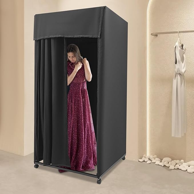 Clothing Store Fitting Room 39×39×78 inch Clothing Store Fitting Room with Shading Curtain Portable Temporary Mobile 95% Privacy Protection Dressing Room with Castors &amp Hanger (Black)