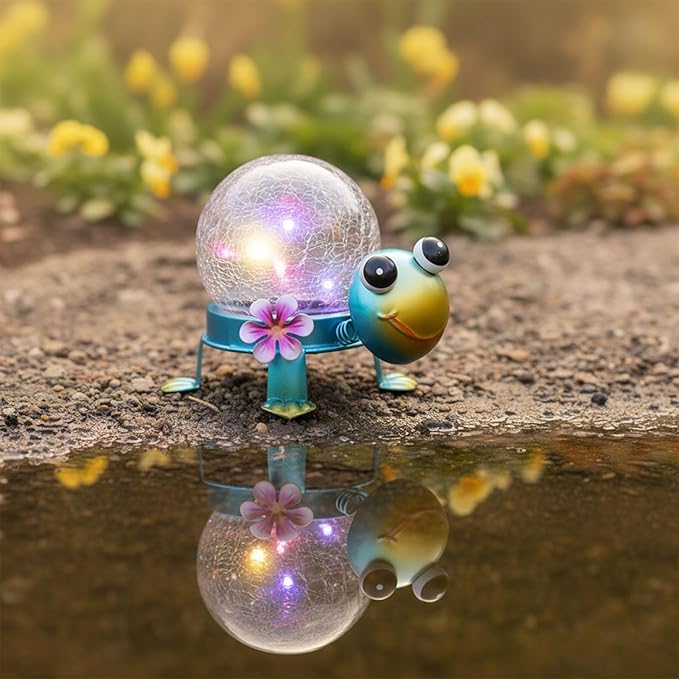 Solar Lights Outdoor Turtle Garden Decor with Crackle Glass Globe Lights - Cute Metal Turtle Statue for Yard Lawn Patio Porch Pathway Tabletop Housewarming Gifts for Mom Women