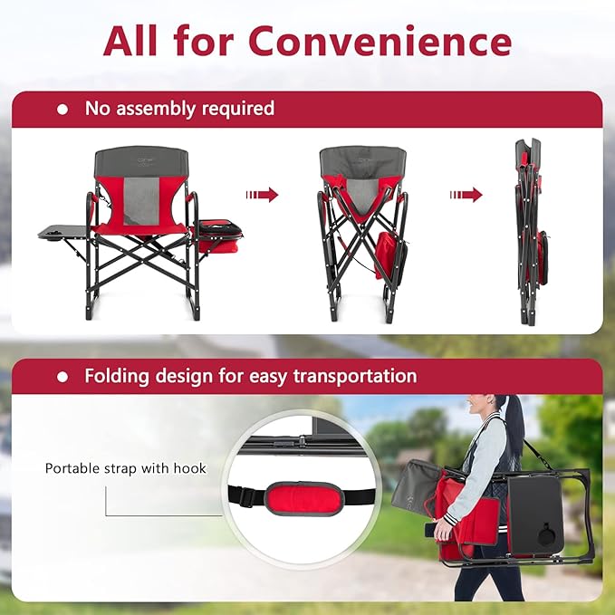COSTWAY Folding Camping Chair Heavy-Duty Director Chair Supports 400lbs for Adults with Side Table Cooler Bag Storage Strap Portable Makeup Chair Suitable for Fishing Picnic