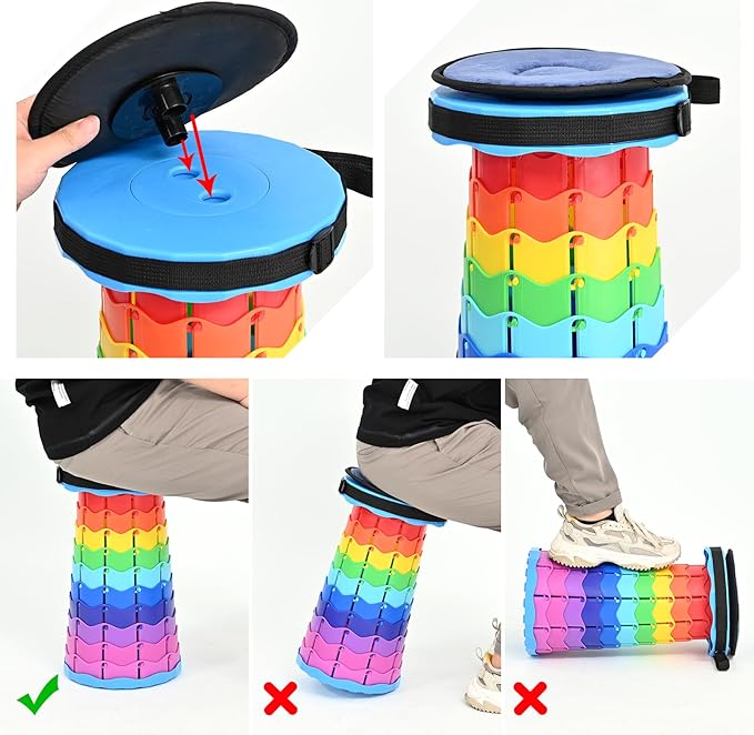 2 Pack Upgraded Collapsible Stool Folding Stool with CushionRetractable Folding Stool Max Load Capacity 400lbs Portable Telescoping Stools for Camping Hiking Outdoor BBQ Fishing-Rainbow