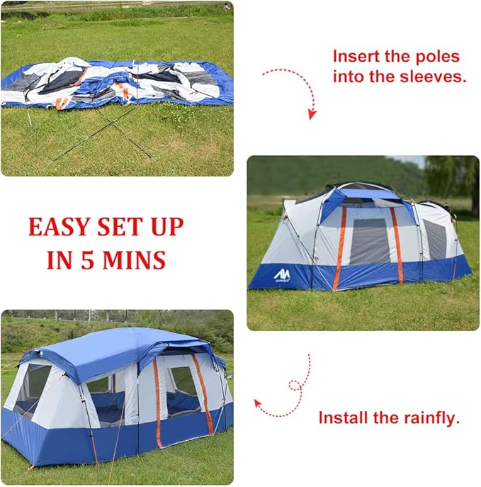 8 Person Tent for Camping AYAMAYA Waterproof Multi Room Large Family Tents with Skylight &amp Removable Rainfly &amp4 Large Mesh Windows and Divided Curtain for Separated Room