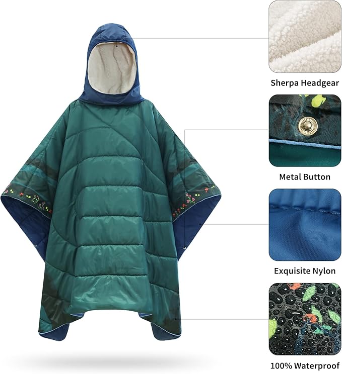 Camping Blanket Poncho Wearable Hoodie Blankets Outdoor Waterproof Windproof Warm Durable &amp Portable for Stadium Concerts CarTravel Beach Picnic Grass75 * 52 inch