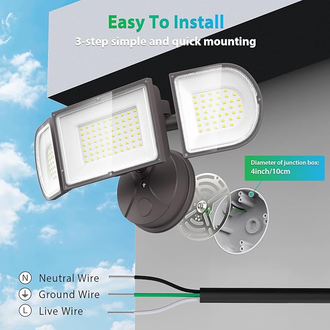 iMaihom 100W Flood Lights Outdoor 9000LM Ultra Bright Security Lights 3 Adjustable Heads Flood Lighting IP65 Waterproof 6500K Switch Controlled Floodlight for Yard Garage Court (Brown)