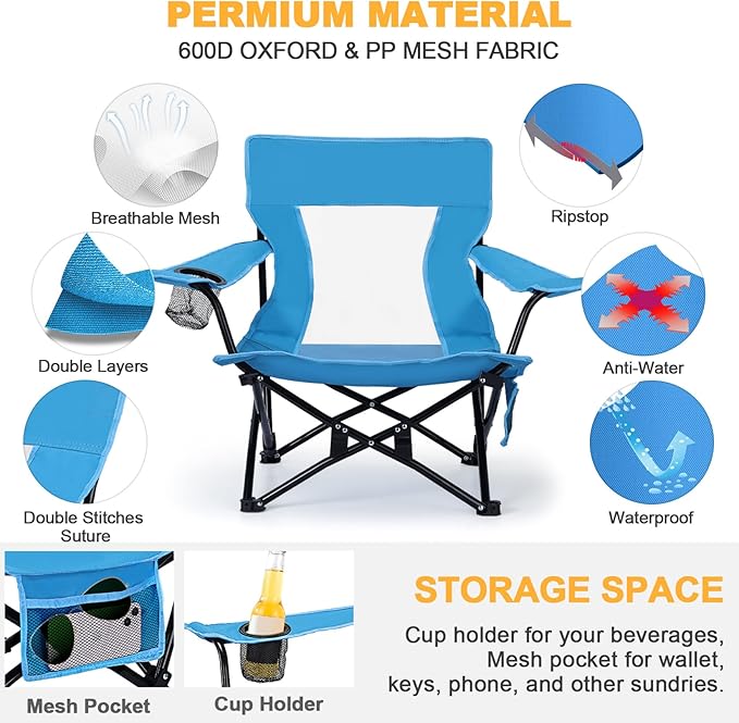 Joyfair Beach Camping Chair (2 Pack) Outdoor Folding Lawn Chair for Adults Heavy Duty Portable Chair with Armrest for Outside Fishing Sport Patio Cup Holder &amp Storage Pocket Carry Bag (Blue)