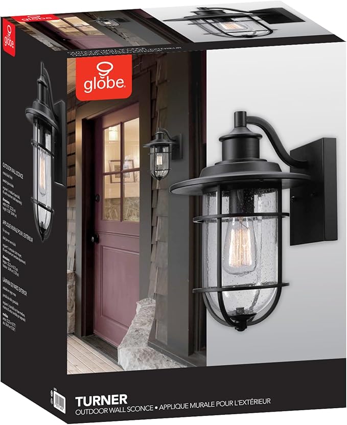 Globe Electric 44094 1-Light Outdoor/Indoor Wall Sconce Black Finish Seeded Glass Shade Coastal Modern Design Weather-Resistant E26 Base