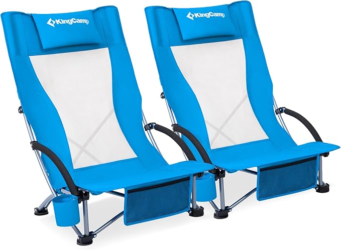 KingCamp Folding Beach Chair 2 Pack High Back Lightweight Portable Backpack Chair with Headrest Cup Holder for Camping Outdoor Sand Concert Lawn Festival Sports Blue