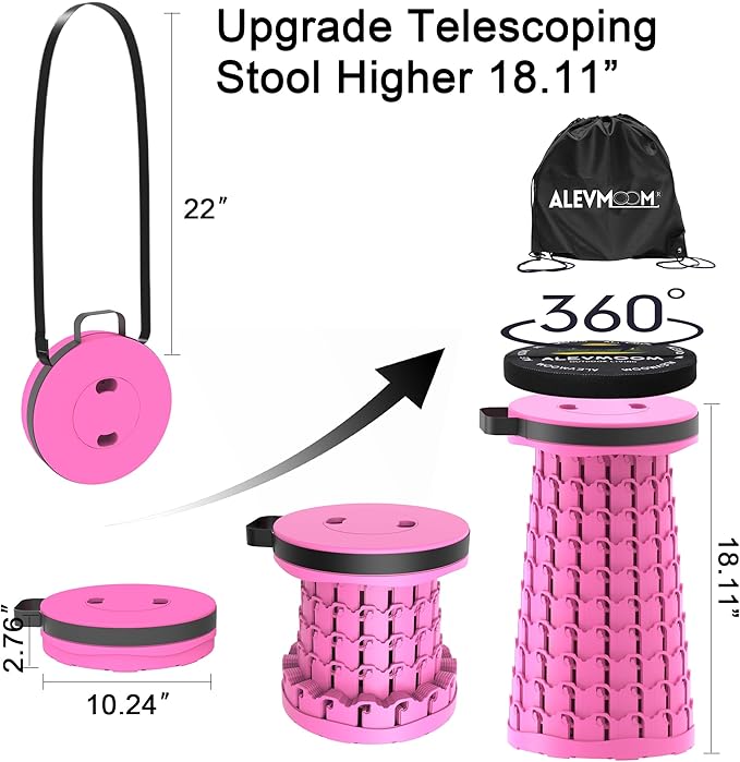 ALEVMOOM Upgraded Collapsible Stool with Cushion &amp Bag 18 H Portable Retractable Telescoping Folding Stool for Adults Lightweight But Sturdy Capacity 600 lbs for Camping Fishing Hiking Travel