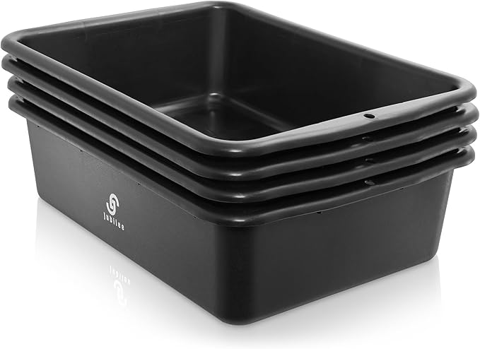 Jubilee 4-Pk Plastic Storage Bin 20L Black Bus Utility Tub – Heavy Duty Commercial Dishwashing Box for Restaurant Kitchen Organization and Storage