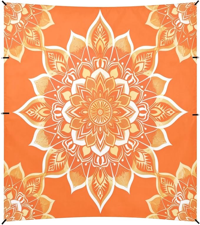 Orange Mandala Beach Tent Sun Shelter 9.2' x 10.5' Beach Canopy with 4 Sandbags 4 Stability Poles Sand Shovels - Tent Canopy for Beach Camping Fishing Picnics