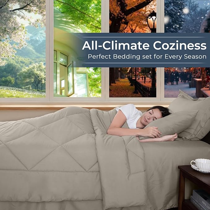 HEVUMYI Linen Full Comforter Set - 7-Piece All Season Bed in a Bag Full Ultra Soft Bedding Set with Comforter Flat Sheet Fitted Sheet Pillowcases Pillow Shams