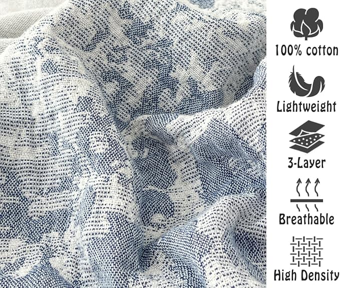 ITFRO Leopard Cooling 3 Layer Cotton Muslin Blanket for Hot Sleepers 80x92 Inches Lightweight Breathable Reversible Summer Camping Blanket All Seasons for Couch Sofa Bed (Leopard Blue 80x92)