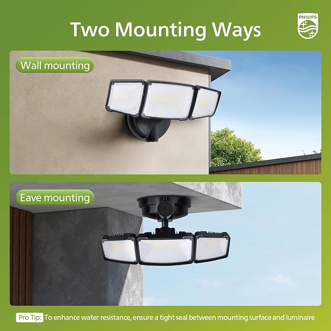 Philips 72W 7400LM LED Flood Lights Outdoor Switch Controlled Aluminum Security Lights 3 Adjustable Heads Wall Mount 5000K Daylight Waterproof for Yard Garage (2 Packs)