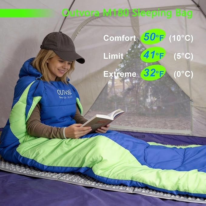 M180 Wearable Sleeping Bag with Arm Holes &amp Feet Openings 3-Season 50°F Ultralight Backpacking Sleeping Bag Water-Resistant Portable Camping Gear for Adults RV &amp Stadium
