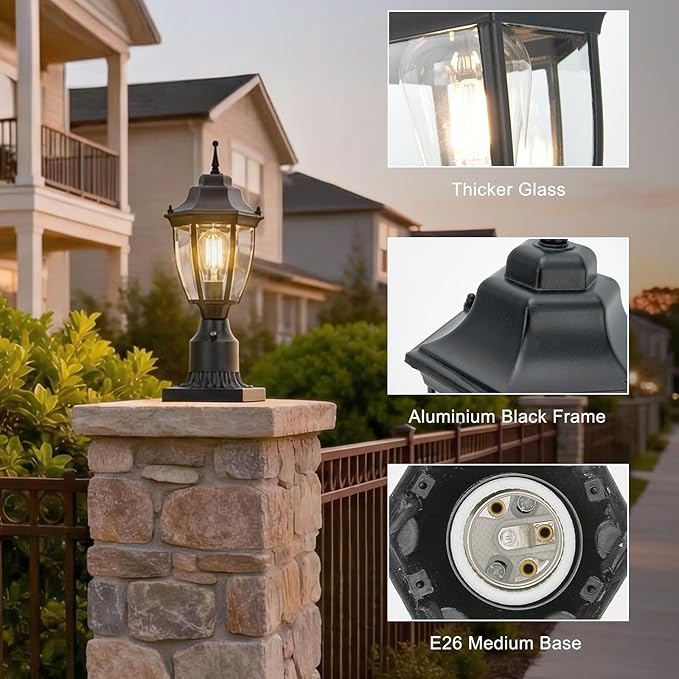 Dusk to Dawn Outdoor Post Lights Waterproof Aluminum Black Post Lamp Fixture Anti-Rust Posts Outdoor Light Lantern for Yard Patio Garden Pathway