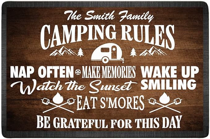 Personalized Camping Rules Welcome Doormat - Custom Family Name and RV Door Mat Accessories for Inside Outside Funny Campsite Decorations for Travel Trailers Style 01
