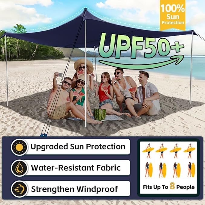 Beach Shade Tent 10×10 Ft Portable Easy Pop Up Beach Canopy UPF50+ Sun Protection Shelter Windproof &amp Water Resistant Stable with 4 Sandbags &amp Windproof Cords Perfect for Family