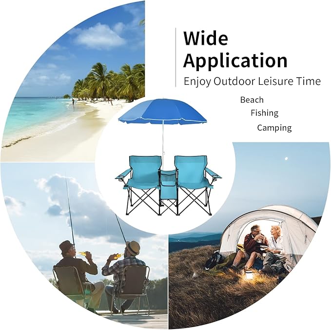 MAT EXPERT Folding Double Camp Chair w/Removable Umbrella Portable Picnic Chair w/Mini Table Chair Set w/Beverage Holder Portable Loveseat Camp Chairs for Beach Backyard Poolside (Turquoise)