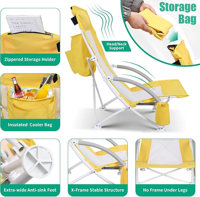 Beach Chair Beach Folding Chair for Adults Camping Chair High Back with Umbrella and Cooler Bag Huge Shade Portable &amp Lightweight for Beach Outdoor Camping (1 Fresh Banana Yellow)