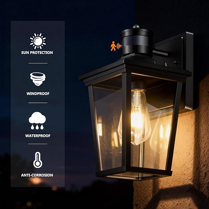  Motion Sensor Porch Light Dusk to Dawn Outdoor Wall Lantern Black Exterior Sconce Lighting Fixtures Modern Outside Wall Mount Coach Lamp 100% Anti-Rust Aluminum for House Garage Patio Front Door