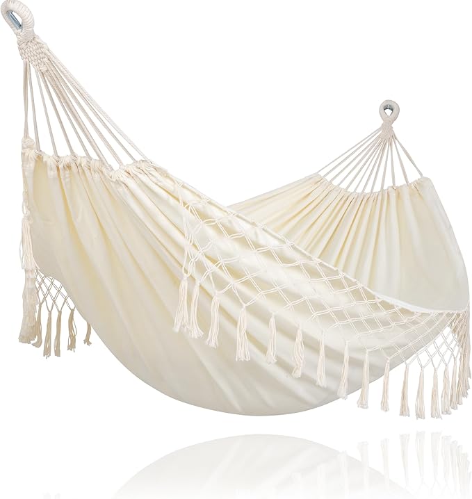 SUNCREAT Portable Camping Hammock for Outside Heavy Duty 2 Person Hammock Bed for Tree Beige with Tassels