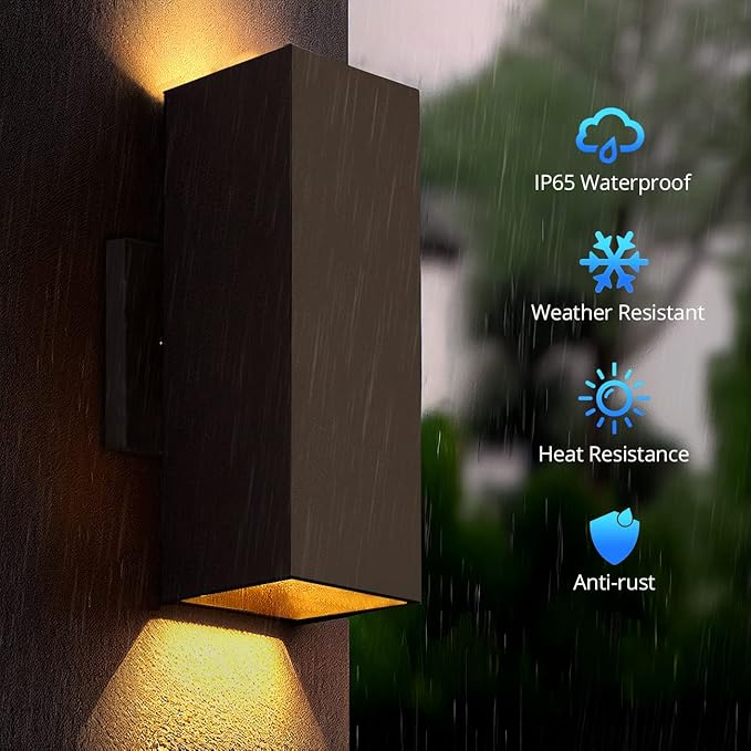 wowlite Modern Up Down Wall Lights Outdoor Dusk to Dawn Photocell Sensor LED Outdoor Wall Lighting IP65 Waterproof Bronze Porch Lantern 13 Square Wall Sconce for House Garden Entrance 2 Pack