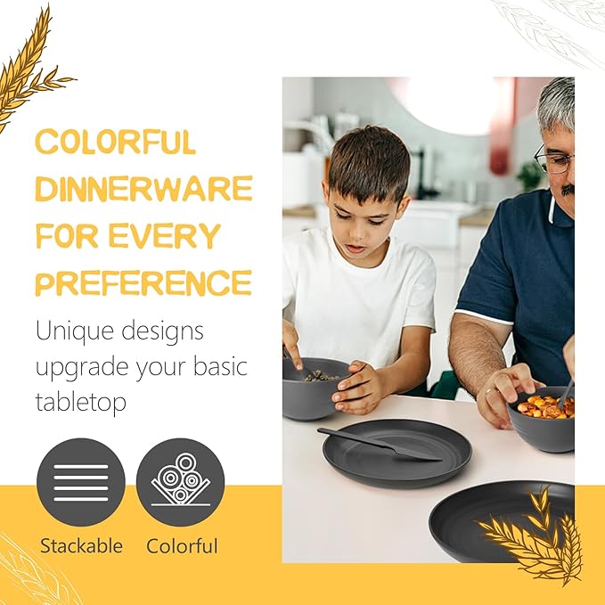 Teivio 32-Piece With Flatware Kitchen Plastic Wheat Straw Dinnerware Set Service for 8 Dinner Plates Dessert Plate Cereal Bowls Cups Unbreakable Plastic Outdoor Camping Dishes Gray Ombre