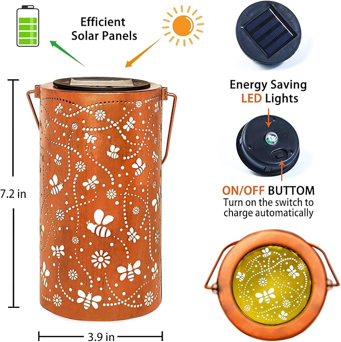 Bee Solar Lanterns Outdoor Waterproof Hanging Solar Lights Bee Gifts for Women Men Metal Decorative LED Bee Lanterns for Garden DecorYardPatioLawnTabletopPathwayLandscape