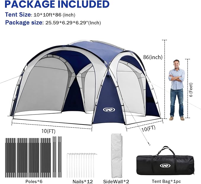 UNP Easy Beach Tent Pop Up Canopy UPF50+ Tent with Side Wall Ground Pegs and Stability Poles Sun Shelter Rainproof Waterproof for Camping Trips Backyard Fun Party Or Picnics