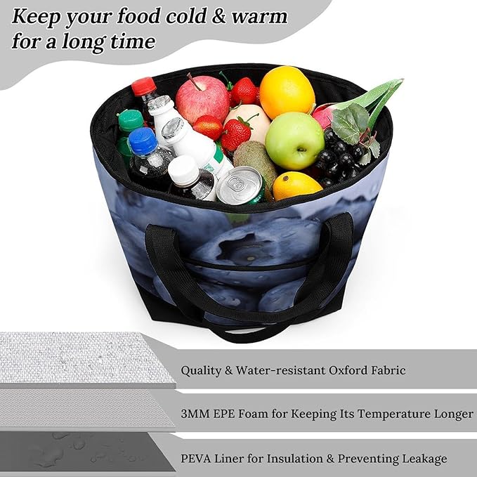 Insulated Shopping BagLarge Reusable Cooler Bags Blueberry Printed Foldable Shopping BagTravel Waterproof Shoulder Bag