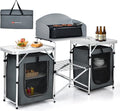 Goplus Folding Camping Kitchen Table with Storage Aluminum Portable Outdoor Cooking Table with Windscreen Foldable Camp Table Cook Station for BBQ Grill Party Picnics