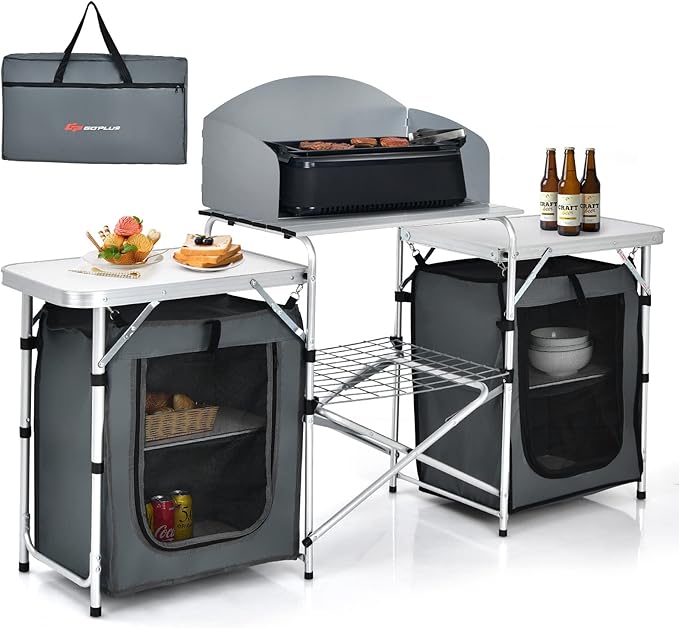 Goplus Folding Camping Kitchen Table with Storage Aluminum Portable Outdoor Cooking Table with Windscreen Foldable Camp Table Cook Station for BBQ Grill Party Picnics