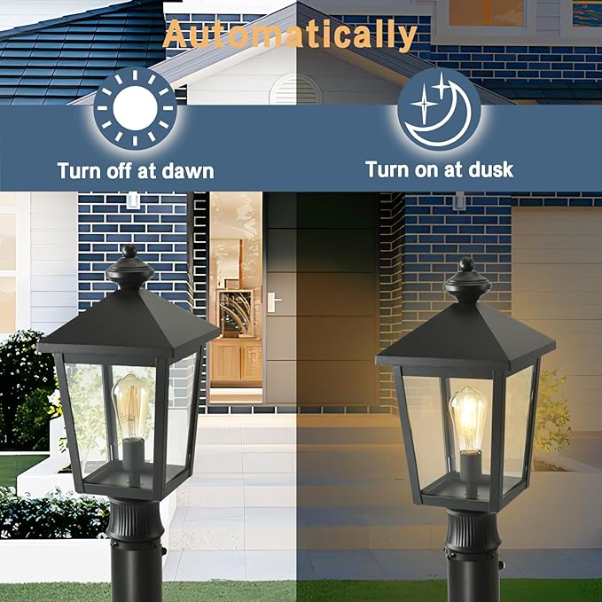 Outdoor Post Light with GFCI Outlet Dusk to Dawn Aluminum Pole Lantern with Built-In Weatherproof Socket IP65 Waterproof Post Light Fixture with Clear Glass Shade Black for Yard Pathway Garden