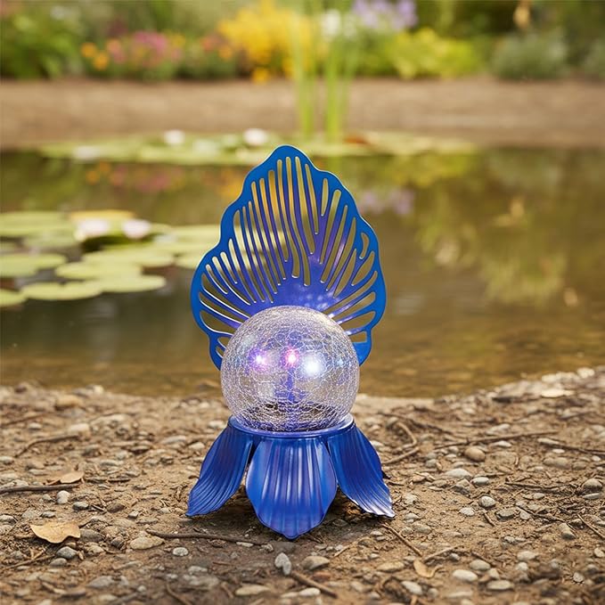 Solar Lights Outdoor Flower Garden Decor with Crackle Glass Globe Lights Metal Flowers for Outside Yard Lawn Patio Porch Pathway Tabletop Housewarming Gifts for Mom Women