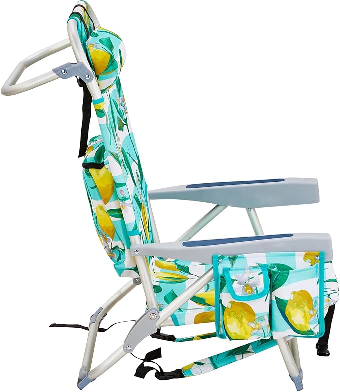 Vasitelan Outdoor Folding Backpack Beach Chair with 5 Positions Towel bar Cooler Pouch Cup HolderFolding Beach Chair with Backpack Straps (Lemon Short)