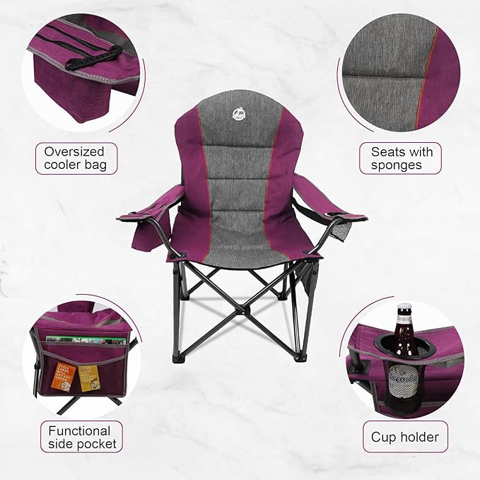 Northroad Oversized Portable Camping Chair Full Padded Outdoor Folding Chair Support 350 LBS Heavy Duty Lawn Chair with Cup Holder Cooler Bag Lumbar Support Head Pocket for Adult (Purple)