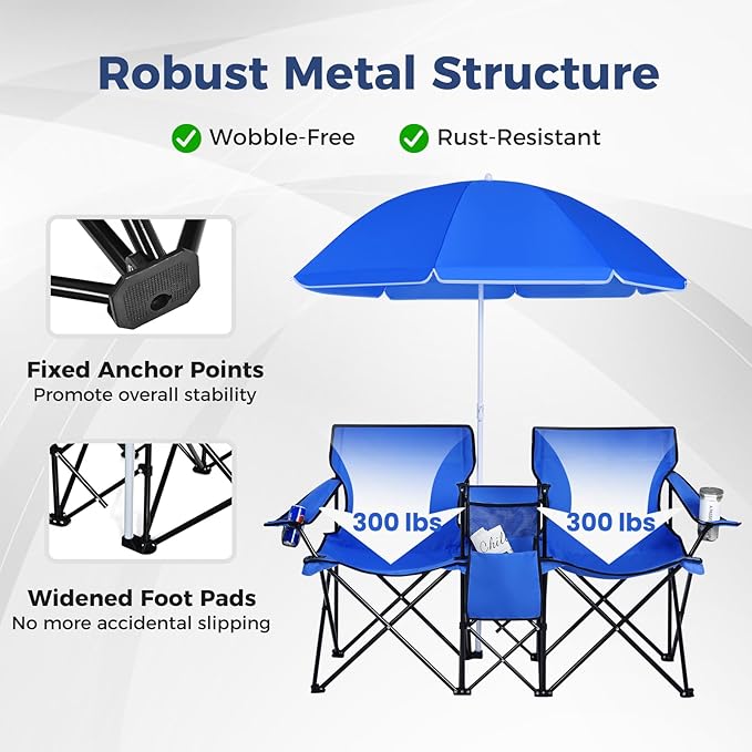 Goplus Double Camping Chair with Umbrella Folding Loveseat Chairs w/Canopy Shade Carrying Bag Table Cup Holder Portable Beach Chairs Outdoor Picnic Patio (Blue)
