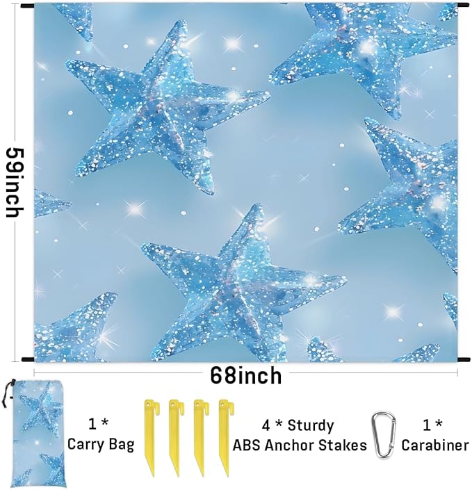 Waterproof Sandproof Beach Blanket 59''×68'' Five Pointed Star Polyester Outdoor Picnic Blanket with 4 Stakes &amp Storage Bag for BeachCampingVacation Ice Blue