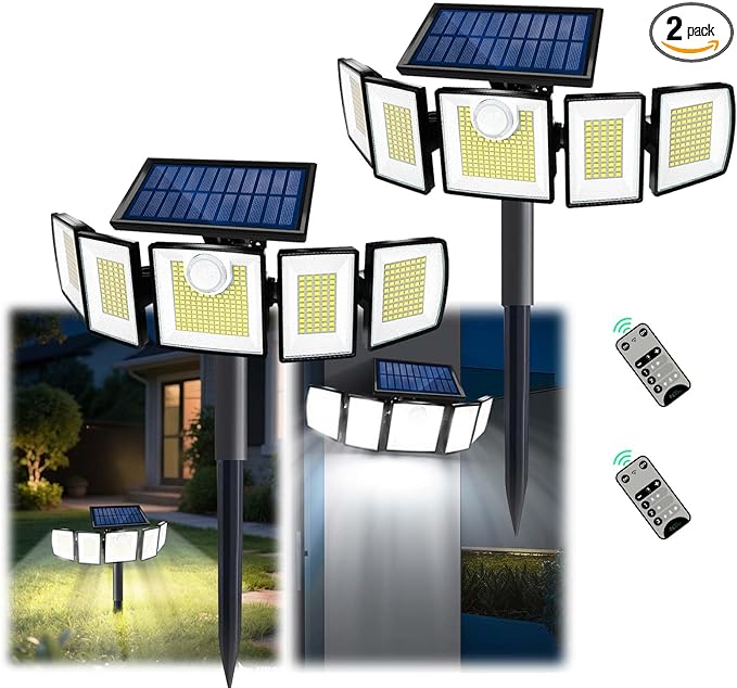 Solar Lights Outdoor Waterproof Motion Sensor - 416 LEDs 3000 Lumens Super Bright 3 Brightness 3 Modes 2400mAh 360° Illumination 32ft Solar Flood Security Light for Outside (with Stakes 2)