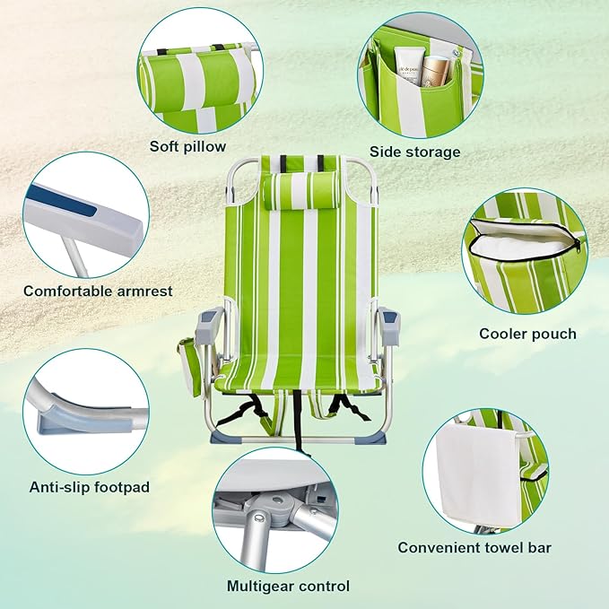 Folding Beach Chair for Adults5 Position Portable Backpack Foldable Lounge ChairCamping Chair with Headrest and Cup HolderCollapsible ChairsOutdoor Chair Capable of Bearing 220 lbsGreen Stripes