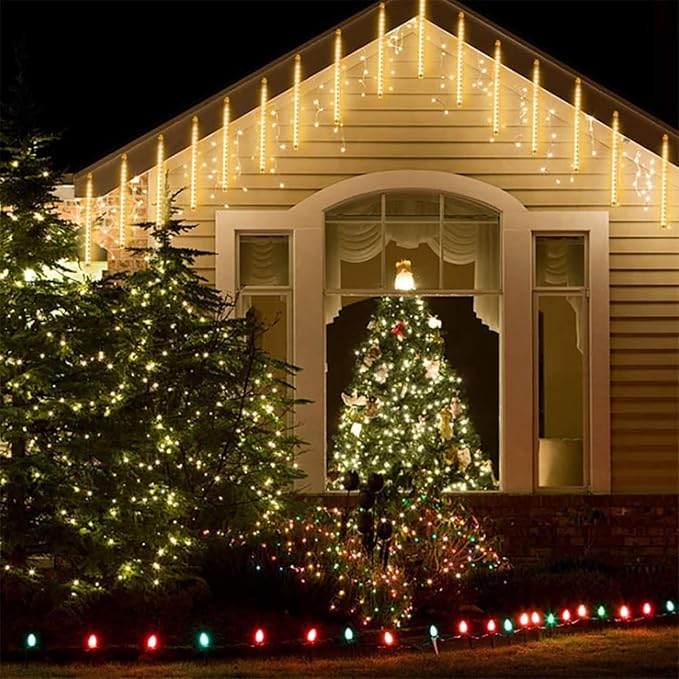 QITONG 2 Pack Extendable Meteor Shower Christmas Lights 16 Tubes 384 LEDs Plug in Christmas String Light Falling Rain Snowfall Light Cascading Lights for Xmas Tree Wedding Party (Warm White)