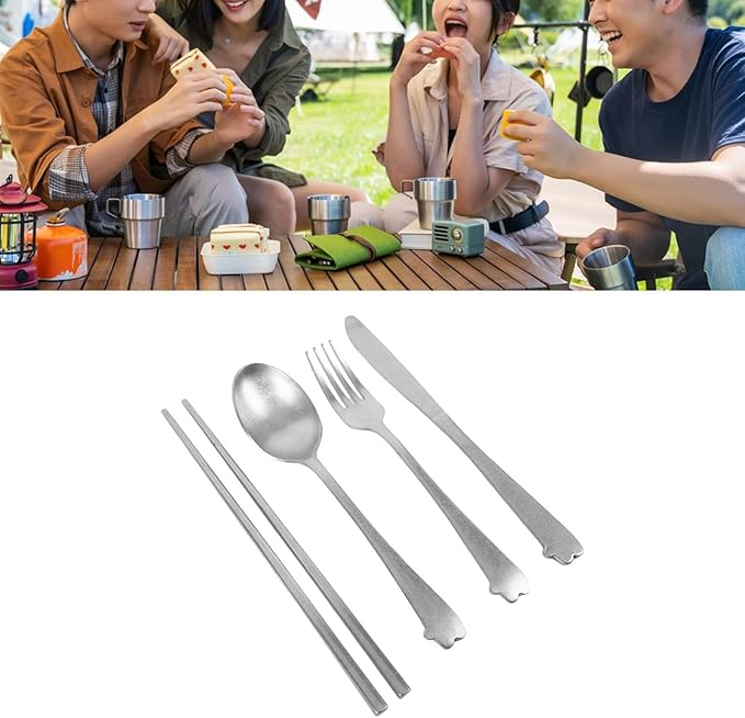 Stainless Steel Tableware Set Vintage Silver Spoon Fork Cutter Chopsticks Portable Cutlery Set with Storage Bag for Travel Picnic Camping Outdoor Dining
