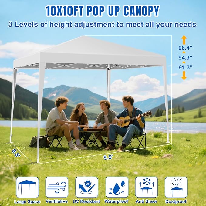 Yesker 10x10 Pop Up Canopy Tent UPF 50+ Waterproof Outdoor Canopy Portable Folding Easy Setup Gazebo Adjustable Height Instant Sun Shade Tent with Wheeled Bag for Events Parties Camping Patio White
